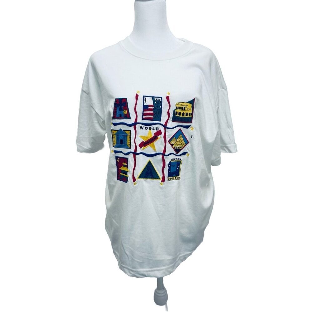 Jennifer Moore Vintage Women’s White World Traveler Embroidered Shirt Size L